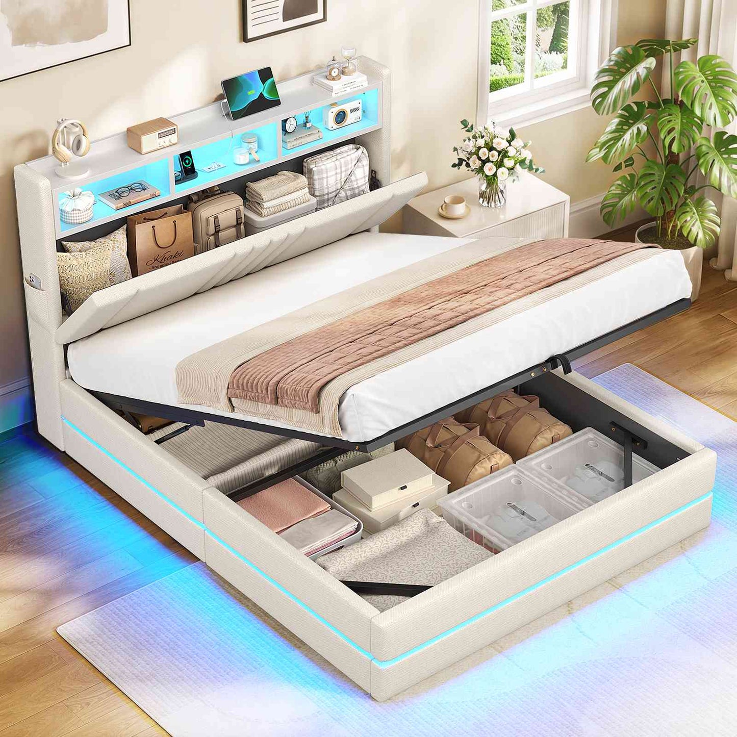 AOGLLATI Polsterbett 140x200 mit Stauraum Bett mit 270° LED Beleuchtung Doppelbett mit Ladestation & Gepolstertes Kopfteil mit Stauraum