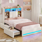 AOGLLATI Polsterbett 90x200 cm mit 2 Schubladen Jugendbett Beige Leinen Bett mit Stauraum und Gepolstertes Kopfteil Kinderbett  mit LED-Beleuchtung