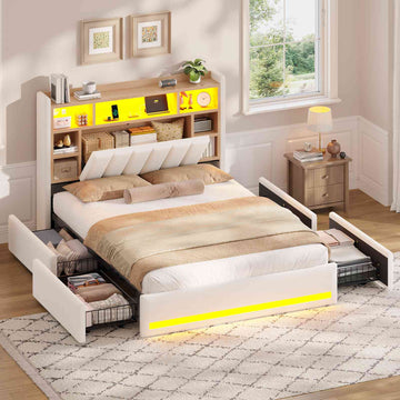 AOGLLATI Polsterbett 140x190 cm mit 4 Schubladen Doppelbett Beige Leinen Bett 140×190 mit Stauraum und Gepolstertes Kopfteil