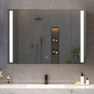 AOGLLATI Badezimmer Spiegelschrank 80 cm mit Beleuchtung Steckdose 3 Türen | 9 Staufächer Spiegelschrank Bad mit HD Spiegel