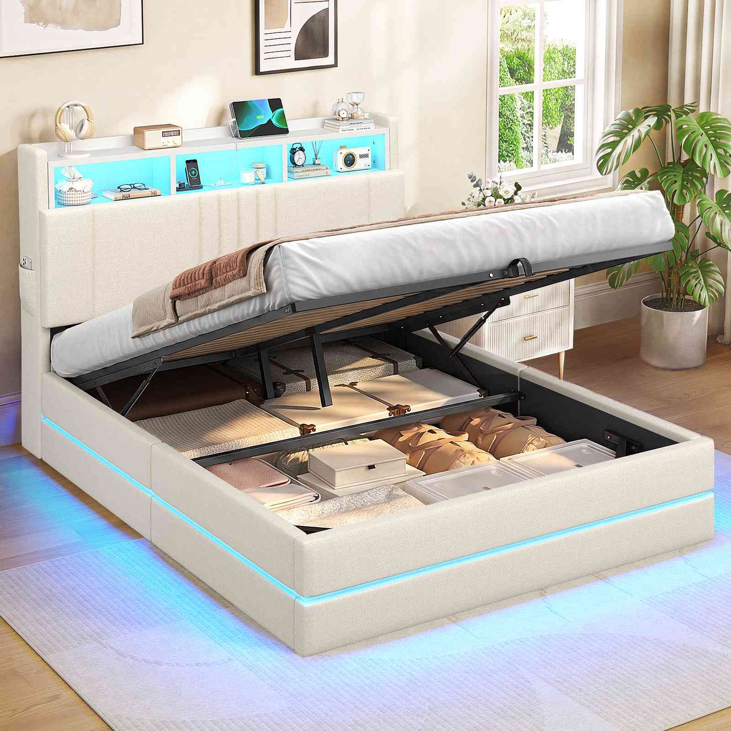 AOGLLATI Polsterbett 140x200 mit Stauraum Bett mit 270° LED Beleuchtung Doppelbett mit Ladestation & Gepolstertes Kopfteil mit Stauraum
