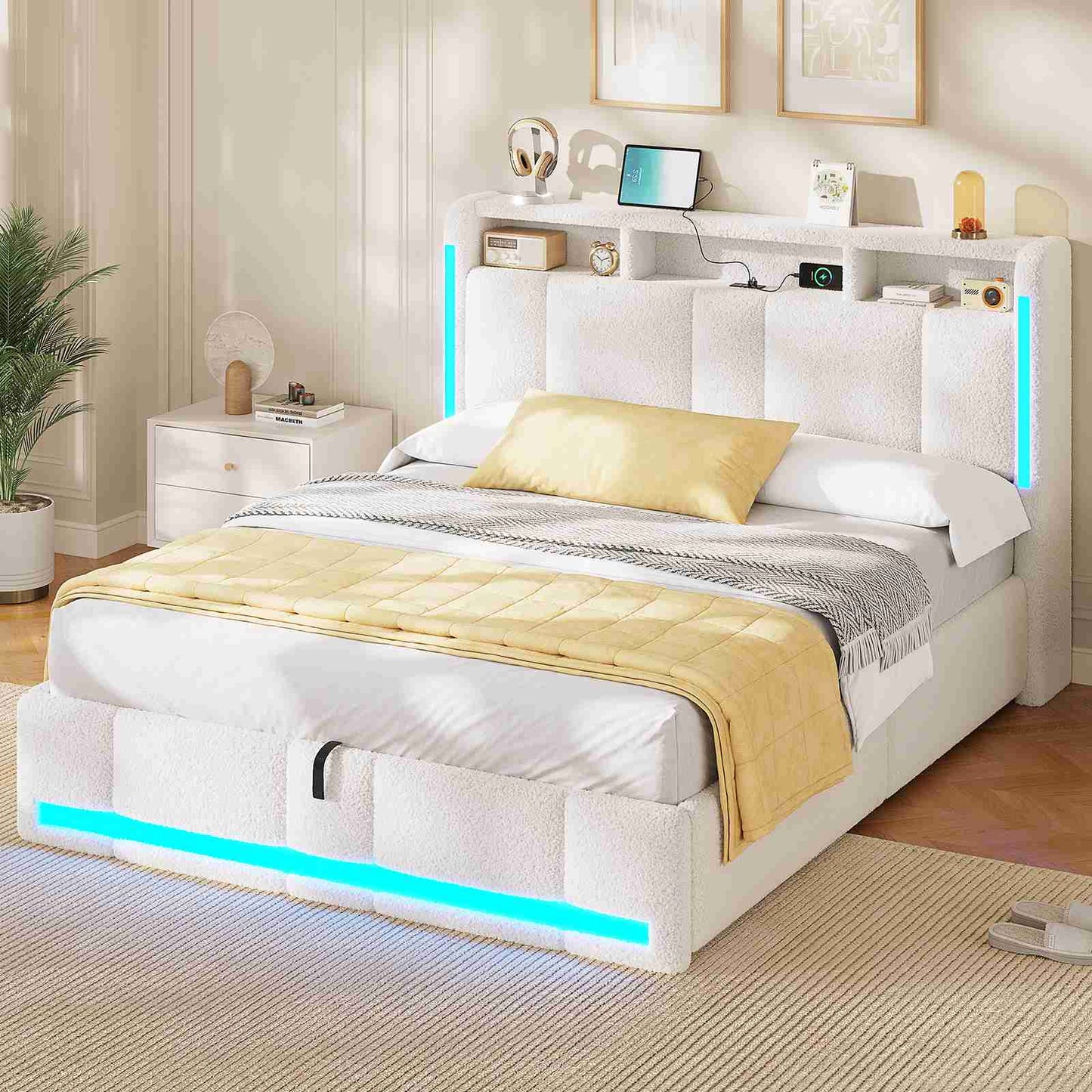 AOGLLATI Polsterbett 140×200 mit Steckdosen & LED Beleuchtung Doppelbett mit Stauraum Kopfteil & Hydraulischem Stauraum Bettgestell mit Lattenrost