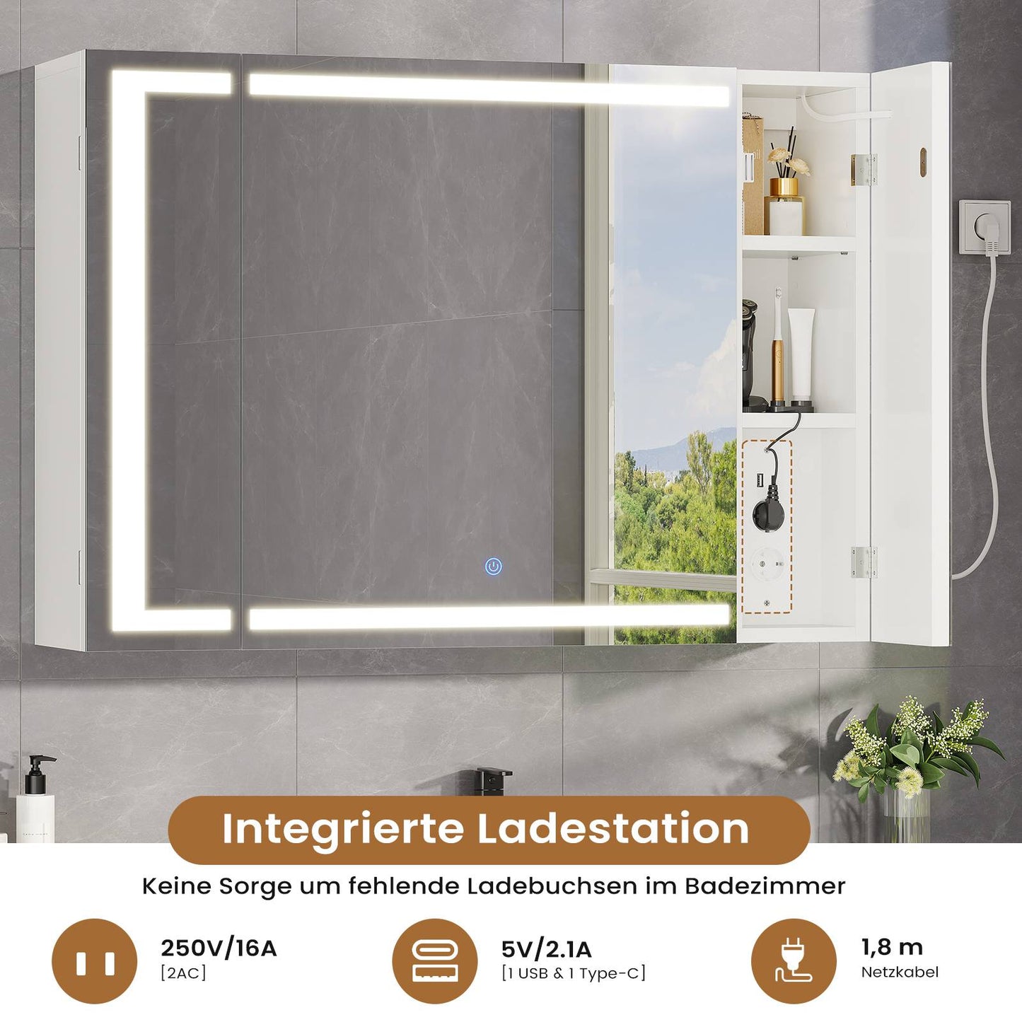 AOGLLATI Spiegelschrank Bad mit LED Beleuchtung & Steckdose 80x60x17 cm Badezimmer Spiegelschrank mit 3 Farben Dimmbar & HD Spiegel