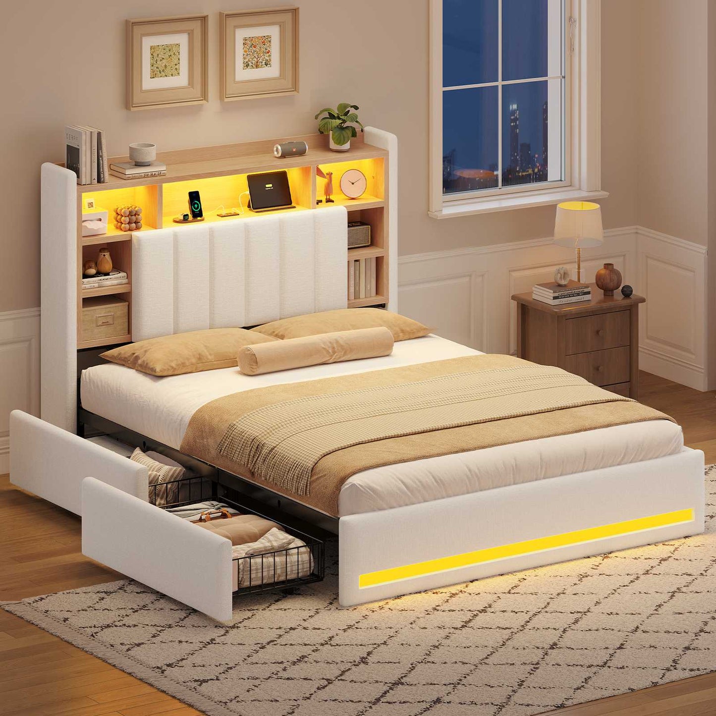 AOGLLATI Polsterbett 140x200 cm mit 4 Schubladen Doppelbett Graues Leinen Bett 140×200 mit Stauraum und Gepolstertes Kopfteil