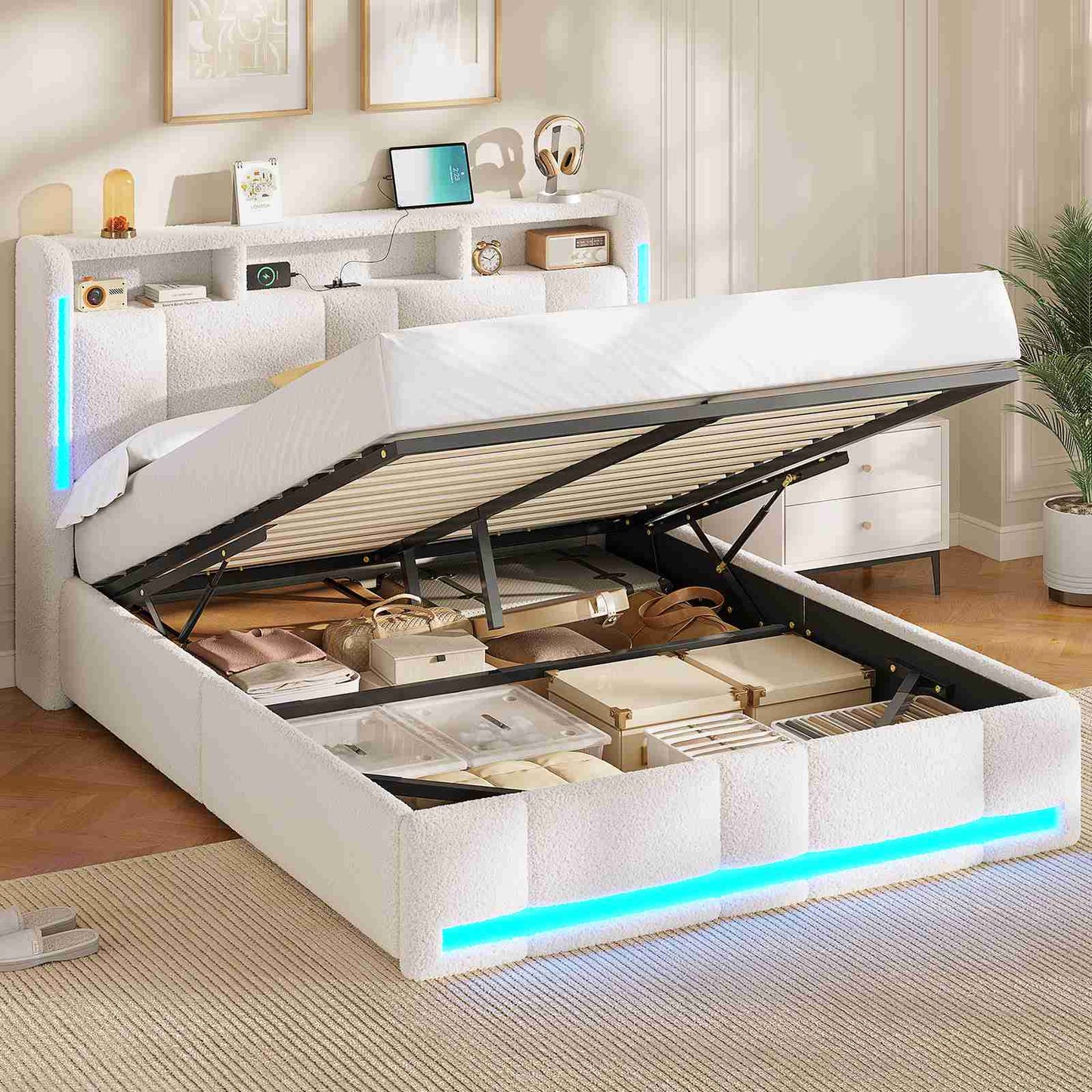 AOGLLATI Polsterbett 140×190 mit Steckdosen & LED Beleuchtung Doppelbett mit Stauraum Kopfteil & Hydraulischem Stauraum