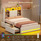 AOGLLATI Polsterbett 90x200 cm mit 2 Schubladen Jugendbett Beige Leinen Bett mit Stauraum und Gepolstertes Kopfteil Kinderbett  mit LED-Beleuchtung