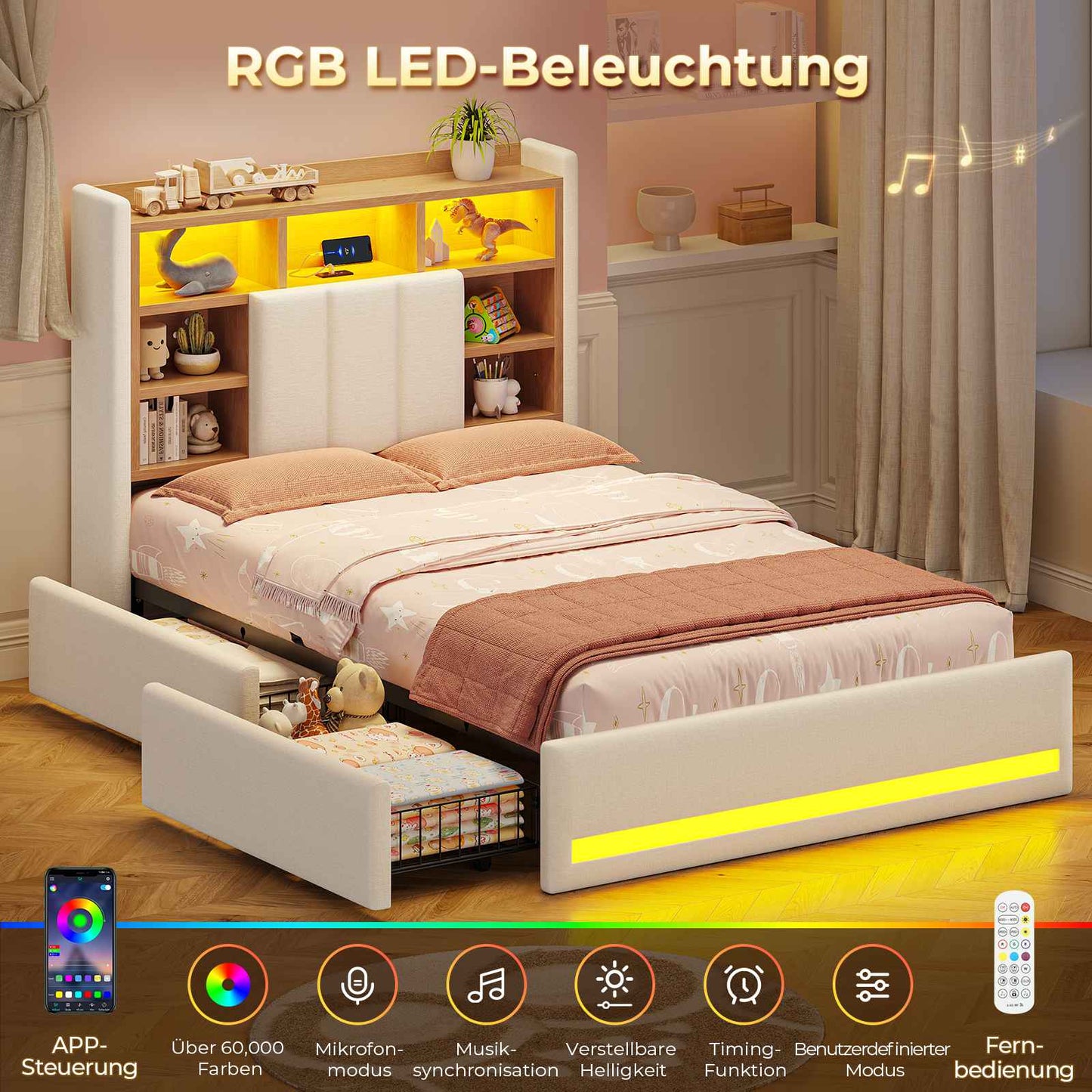 AOGLLATI Polsterbett 90x200 cm mit 2 Schubladen Jugendbett Beige Leinen Bett mit Stauraum und Gepolstertes Kopfteil Kinderbett  mit LED-Beleuchtung