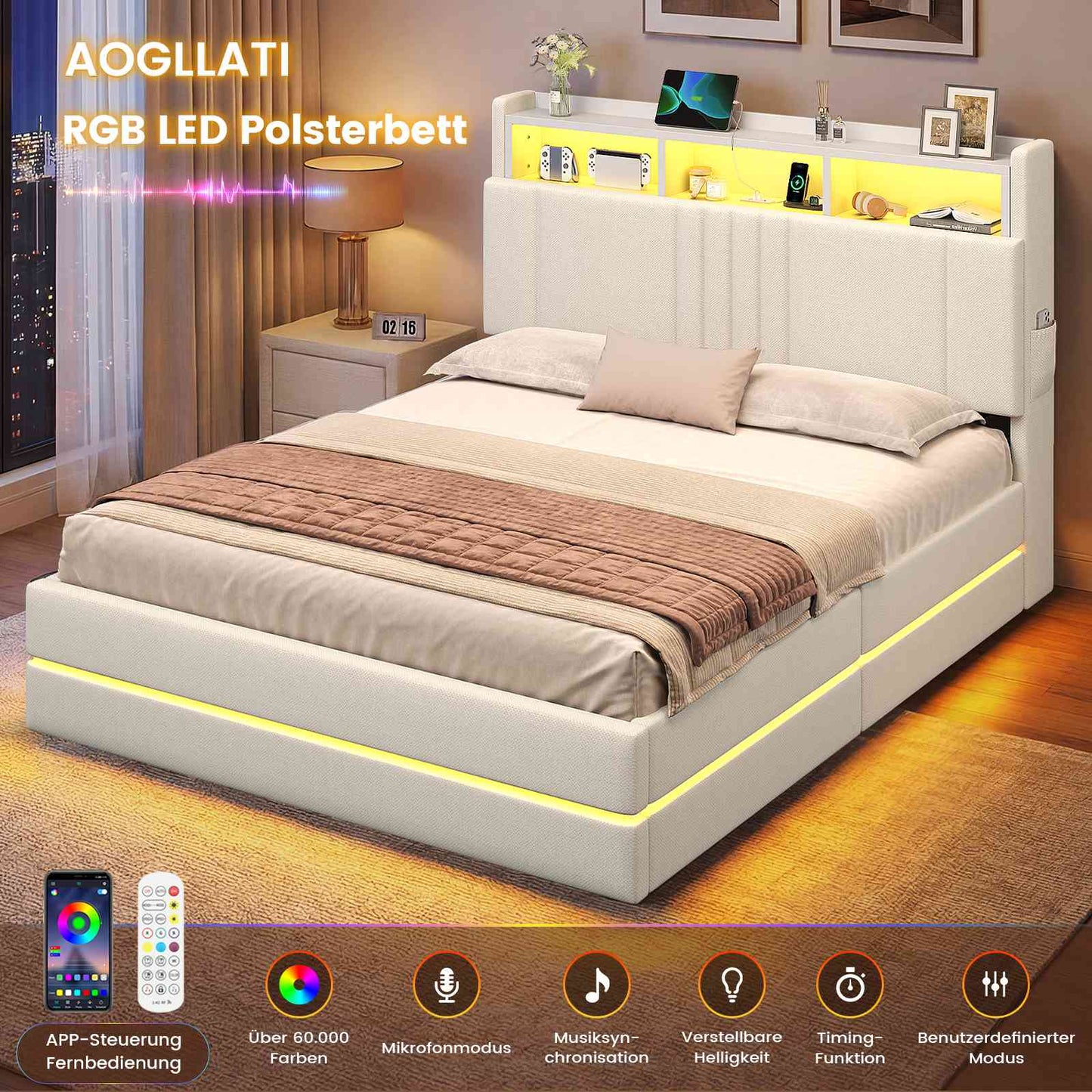AOGLLATI Polsterbett 140x200 mit Stauraum Bett mit 270° LED Beleuchtung Doppelbett mit Ladestation & Gepolstertes Kopfteil mit Stauraum