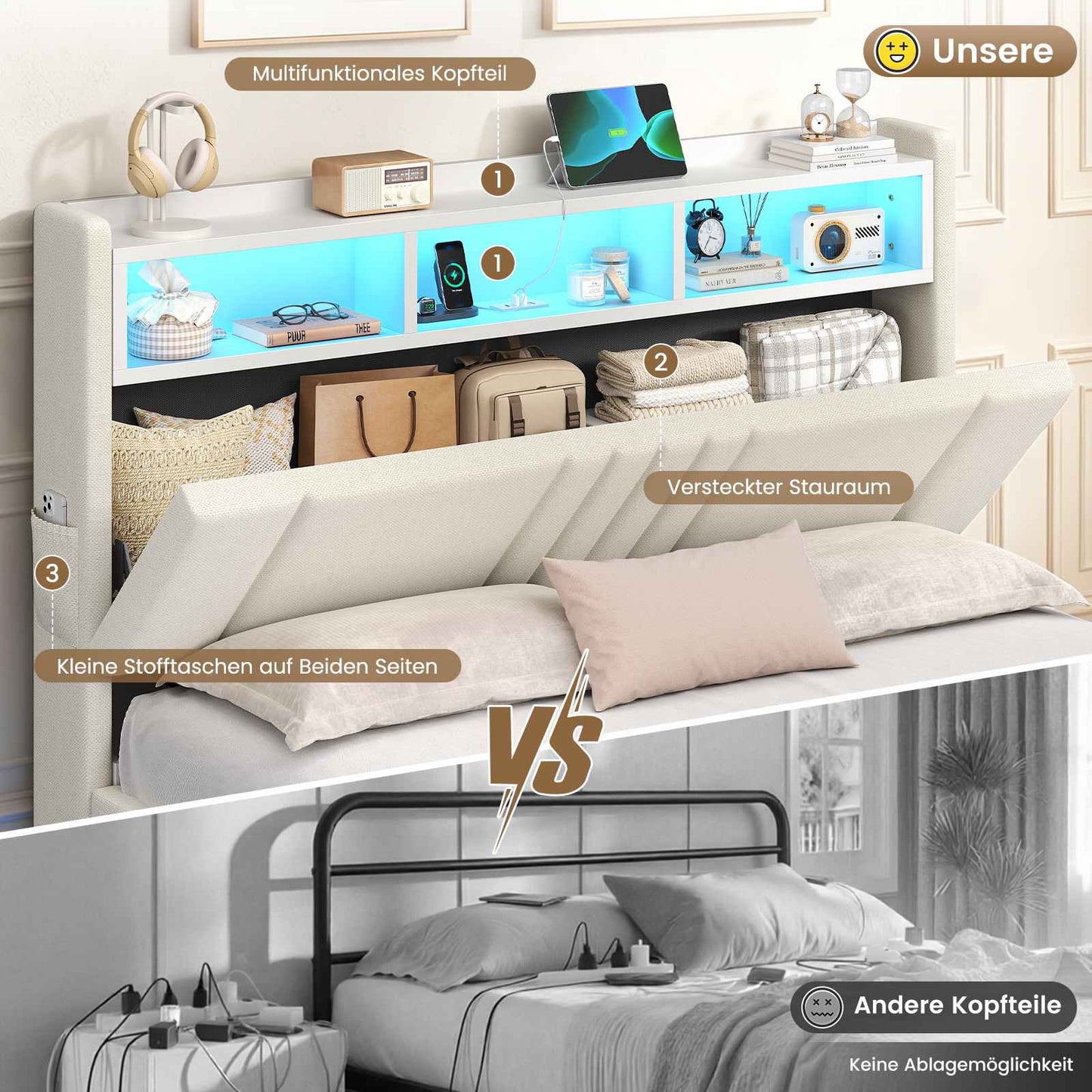 AOGLLATI Polsterbett 140x200 mit Stauraum Bett mit 270° LED Beleuchtung Doppelbett mit Ladestation & Gepolstertes Kopfteil mit Stauraum