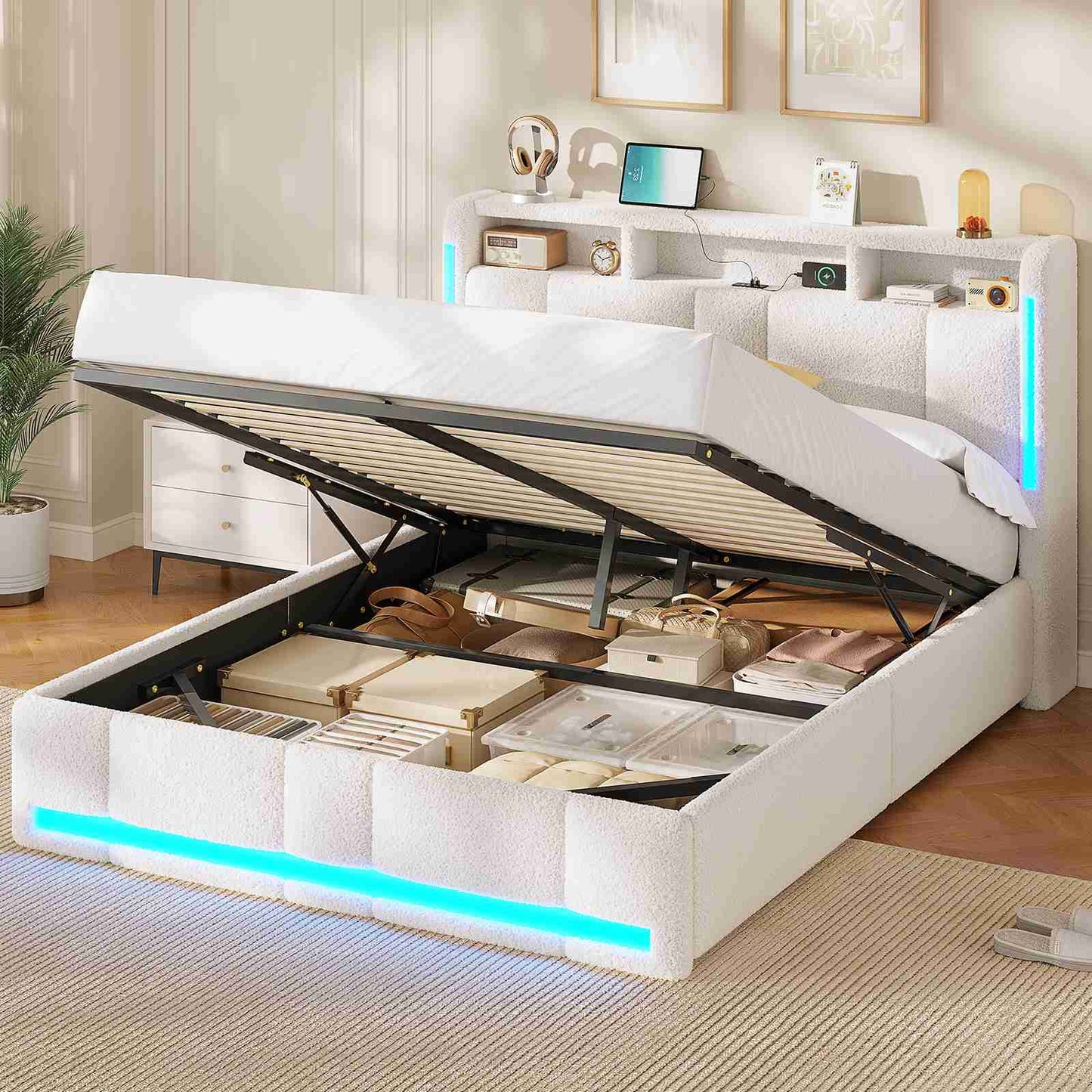 AOGLLATI Polsterbett 140×200 mit Steckdosen & LED Beleuchtung Doppelbett mit Stauraum Kopfteil & Hydraulischem Stauraum Bettgestell mit Lattenrost
