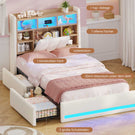 AOGLLATI Polsterbett 90x200 cm mit 2 Schubladen Jugendbett Beige Leinen Bett mit Stauraum und Gepolstertes Kopfteil Kinderbett  mit LED-Beleuchtung