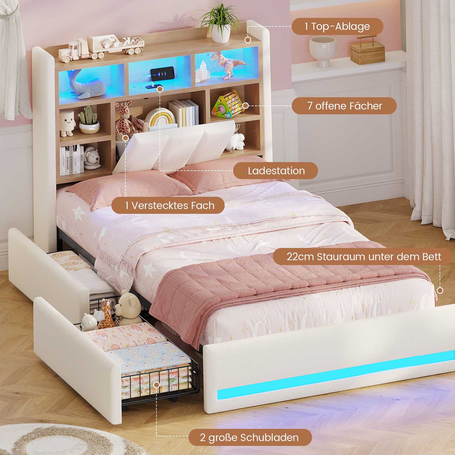 AOGLLATI Polsterbett 90x200 cm mit 2 Schubladen Jugendbett Beige Leinen Bett mit Stauraum und Gepolstertes Kopfteil Kinderbett  mit LED-Beleuchtung