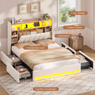 AOGLLATI Polsterbett 140x190 cm mit 4 Schubladen Doppelbett Beige Leinen Bett 140×190 mit Stauraum und Gepolstertes Kopfteil