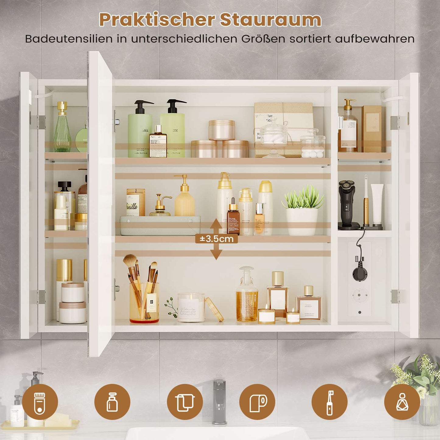 AOGLLATI Badezimmer Spiegelschrank 80 cm mit Beleuchtung Steckdose 3 Türen | 9 Staufächer Spiegelschrank Bad mit HD Spiegel
