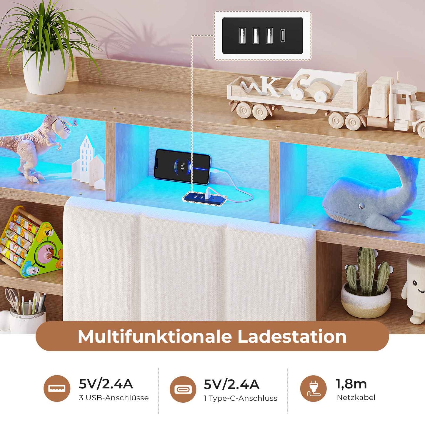 AOGLLATI Polsterbett 90x200 cm mit 2 Schubladen Jugendbett Beige Leinen Bett mit Stauraum und Gepolstertes Kopfteil Kinderbett  mit LED-Beleuchtung