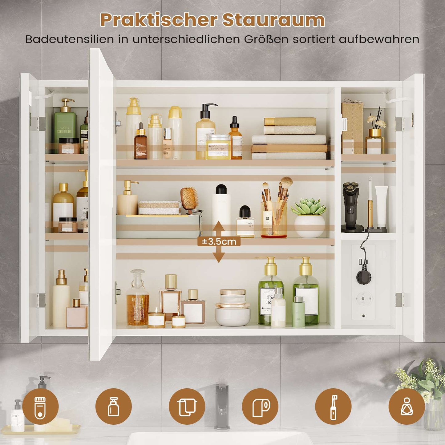 AOGLLATI Spiegelschrank Bad mit LED Beleuchtung & Steckdose 80x60x17 cm Badezimmer Spiegelschrank mit 3 Farben Dimmbar & HD Spiegel
