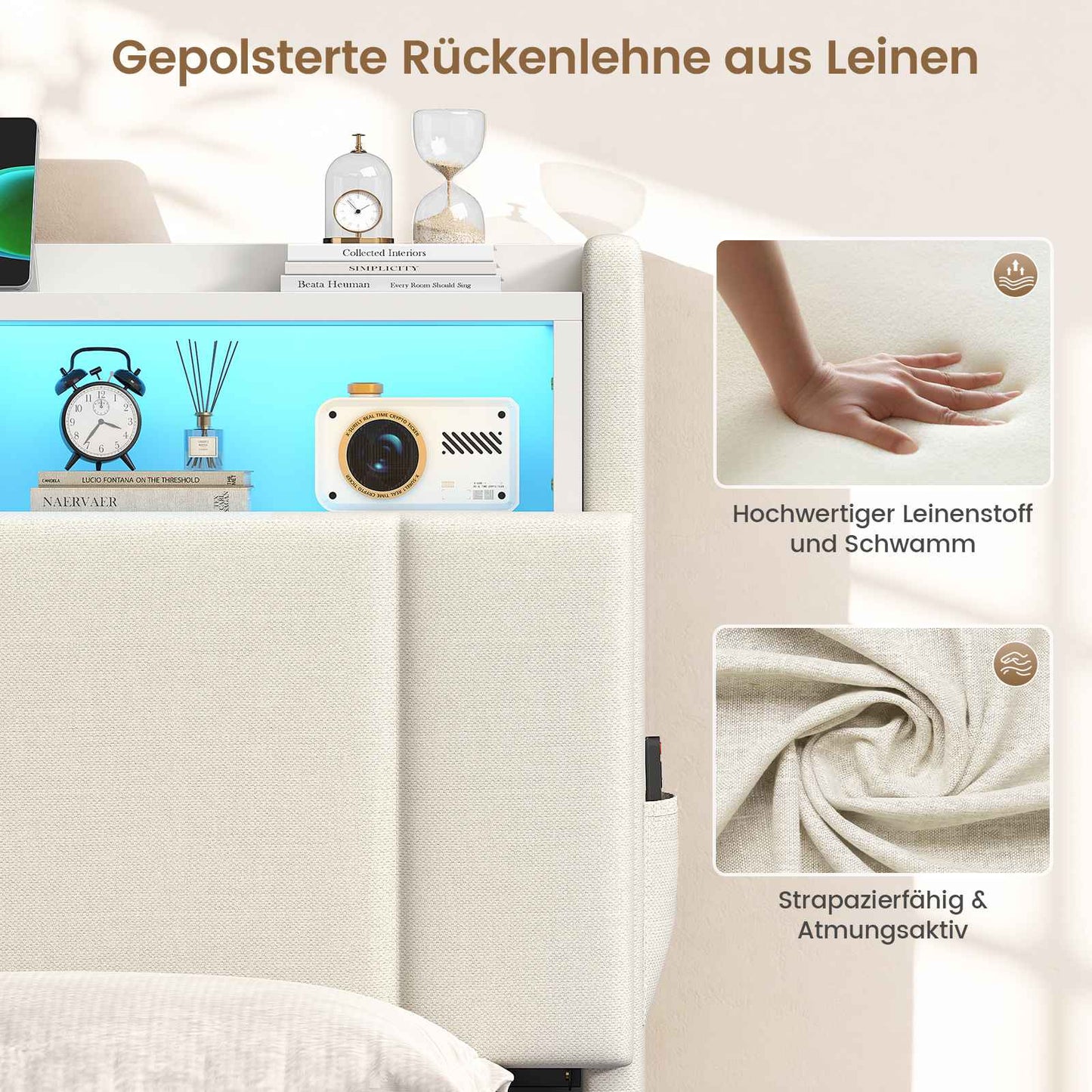 AOGLLATI Polsterbett 140x200 mit Stauraum Bett mit 270° LED Beleuchtung Doppelbett mit Ladestation & Gepolstertes Kopfteil mit Stauraum