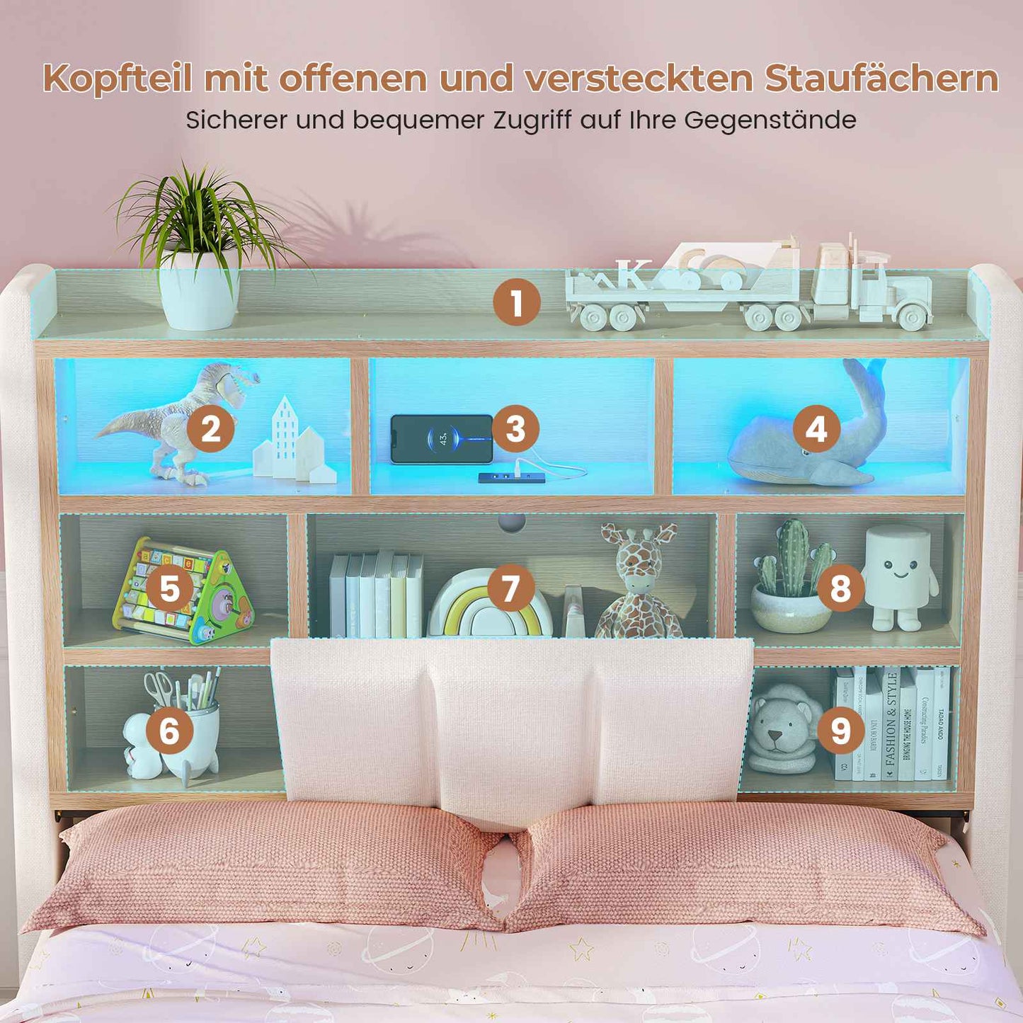 AOGLLATI Polsterbett 90x200 cm mit 2 Schubladen Jugendbett Beige Leinen Bett mit Stauraum und Gepolstertes Kopfteil Kinderbett  mit LED-Beleuchtung