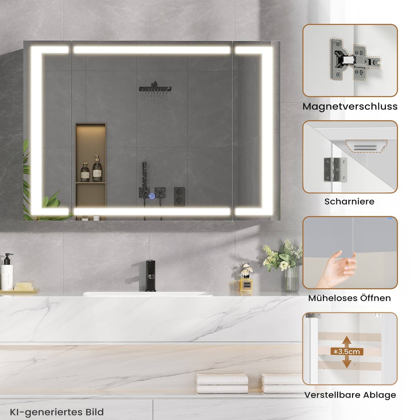 AOGLLATI Spiegelschrank Bad mit LED Beleuchtung & Steckdose 80x60x17 cm Badezimmer Spiegelschrank mit 3 Farben Dimmbar & HD Spiegel