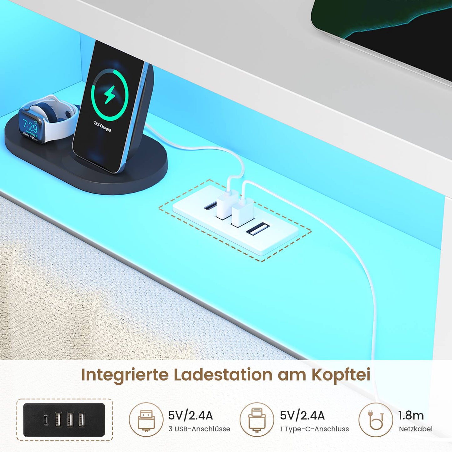 AOGLLATI Polsterbett 140x190 mit Stauraum Bett mit Hydraulischem Stauraum | Jugendbett mit 270° LED Beleuchtung & Gepolstertes Kopfteil mit Stauraum