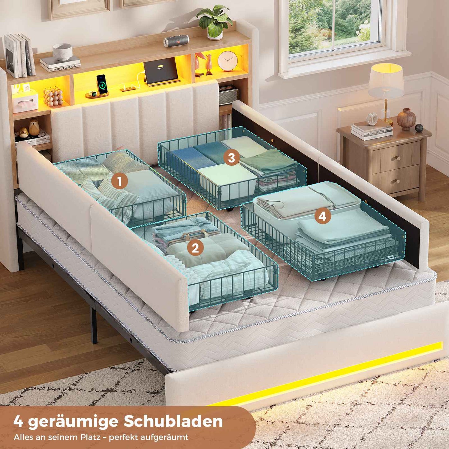 AOGLLATI Polsterbett 140x190 cm mit 4 Schubladen Doppelbett Beige Leinen Bett 140×190 mit Stauraum und Gepolstertes Kopfteil