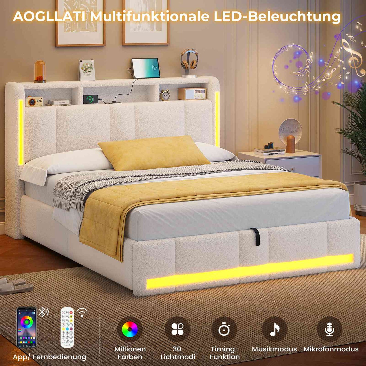 AOGLLATI Polsterbett 140×200 mit Steckdosen & LED Beleuchtung Doppelbett mit Stauraum Kopfteil & Hydraulischem Stauraum Bettgestell mit Lattenrost