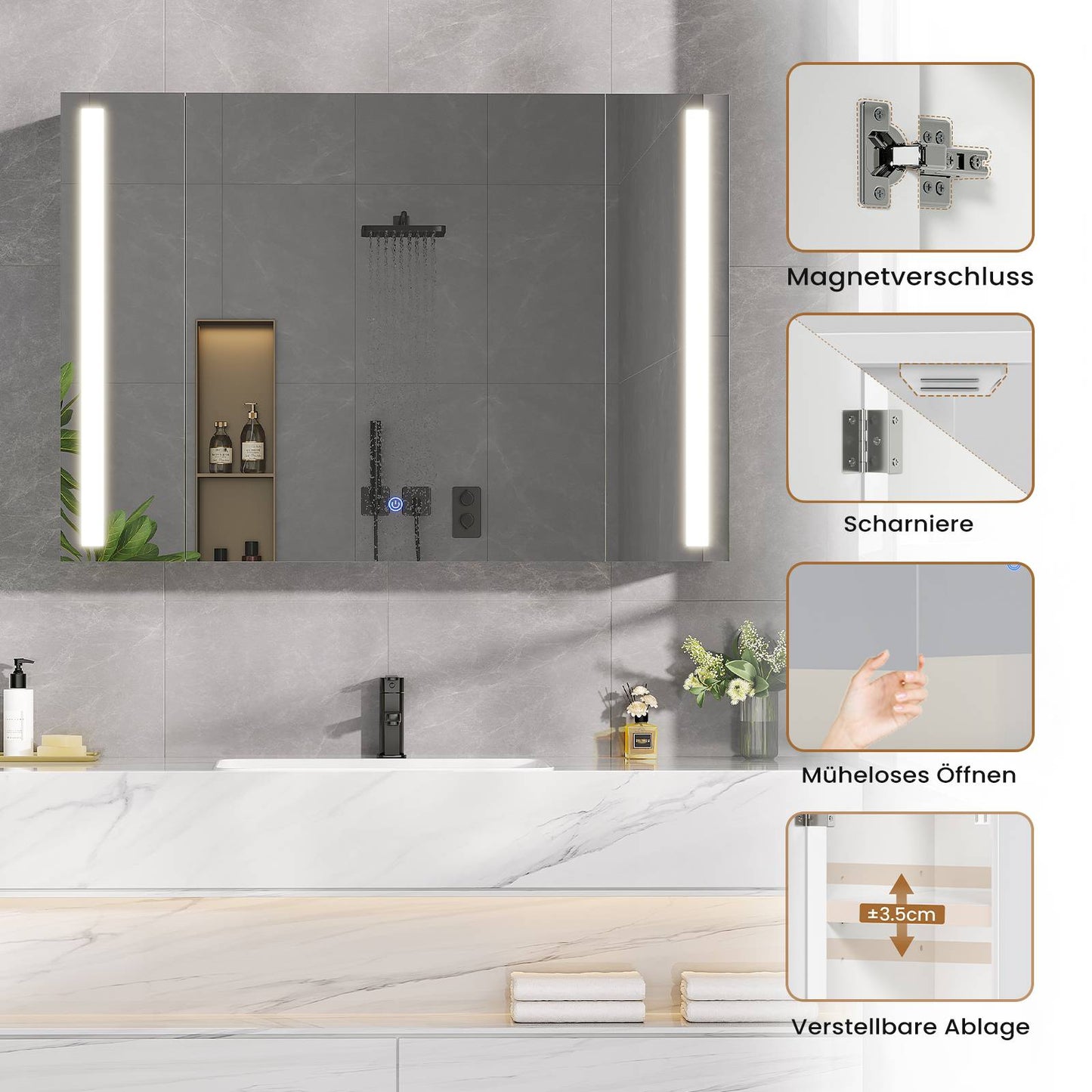 AOGLLATI Badezimmer Spiegelschrank 80 cm mit Beleuchtung Steckdose 3 Türen | 9 Staufächer Spiegelschrank Bad mit HD Spiegel