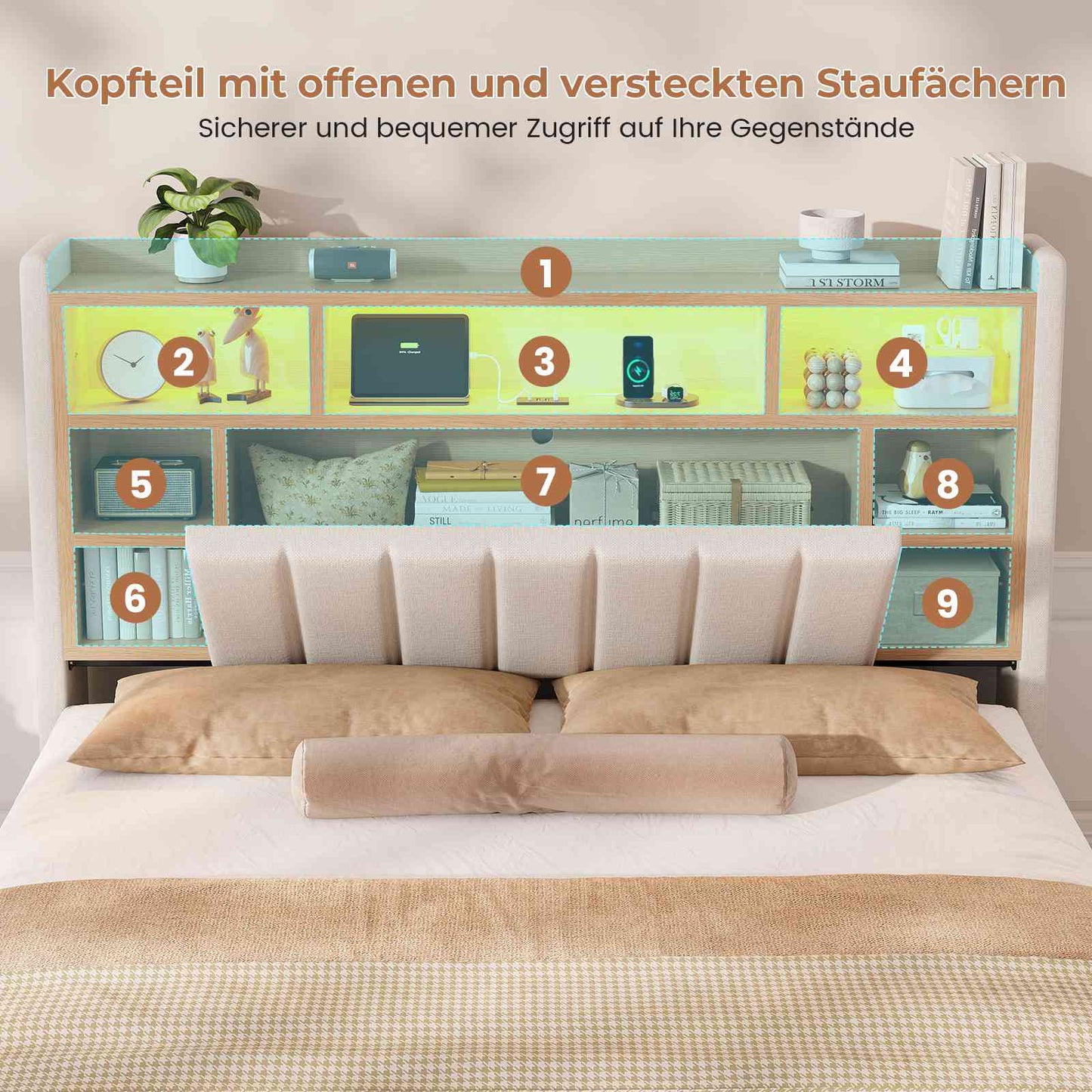 AOGLLATI Polsterbett 140x200 cm mit 4 Schubladen Doppelbett Graues Leinen Bett 140×200 mit Stauraum und Gepolstertes Kopfteil