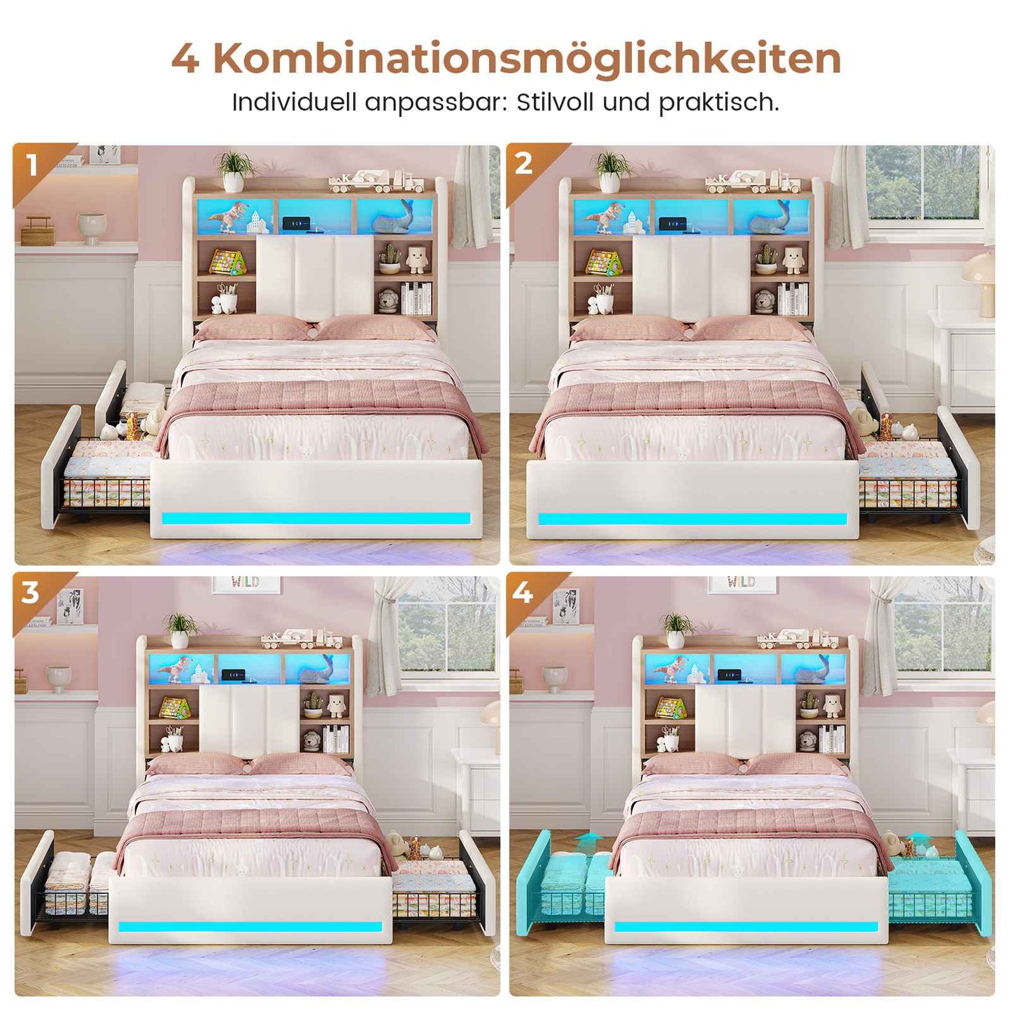 AOGLLATI Polsterbett 90x200 cm mit 2 Schubladen Jugendbett Beige Leinen Bett mit Stauraum und Gepolstertes Kopfteil Kinderbett  mit LED-Beleuchtung