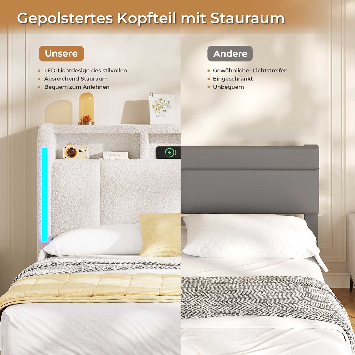 AOGLLATI Polsterbett 140×190 mit Steckdosen & LED Beleuchtung Doppelbett mit Stauraum Kopfteil & Hydraulischem Stauraum