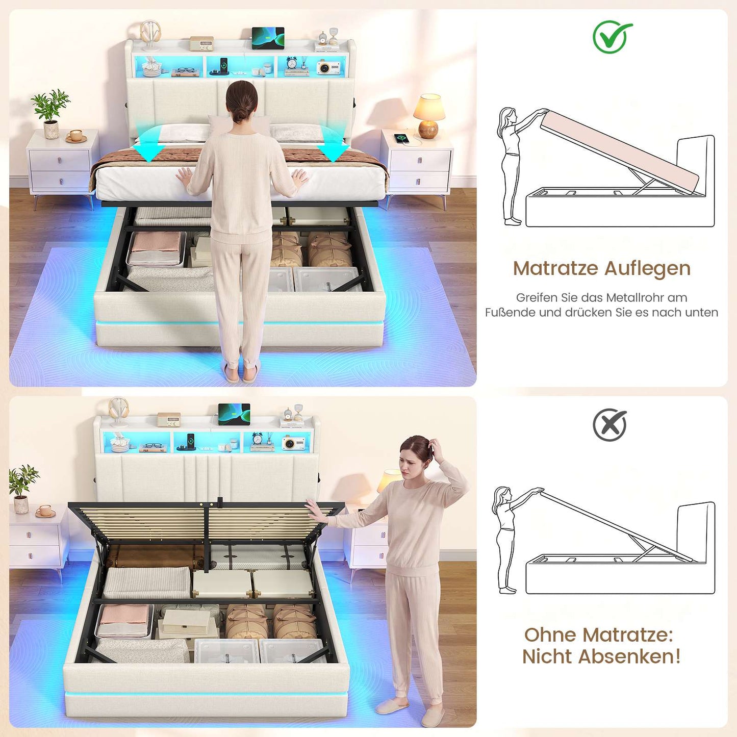 AOGLLATI Polsterbett 140x200 mit Stauraum Bett mit 270° LED Beleuchtung Doppelbett mit Ladestation & Gepolstertes Kopfteil mit Stauraum