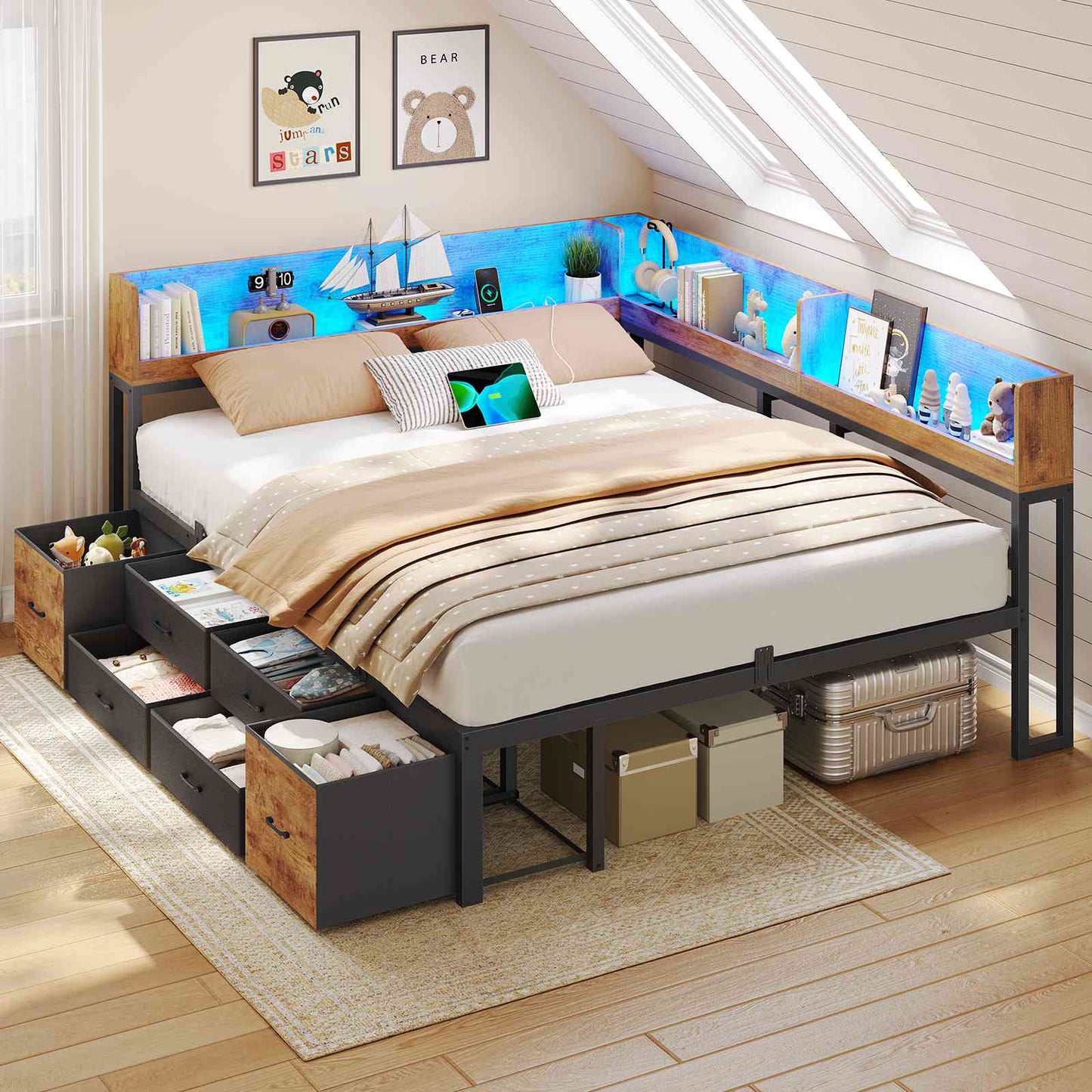 AOGLLATI Bett 140x190 mit Stauraum Schlafsofa mit Integriertem Bücherregal & 6 Schubladen Jugendbett mit LED-Beleuchtung & Ladestation