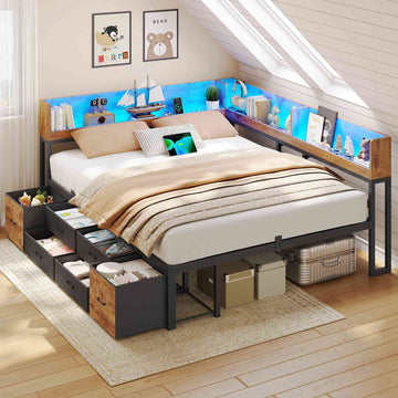 AOGLLATI Bett 140x190 mit Stauraum Schlafsofa mit Integriertem Bücherregal & 6 Schubladen Jugendbett mit LED-Beleuchtung & Ladestation