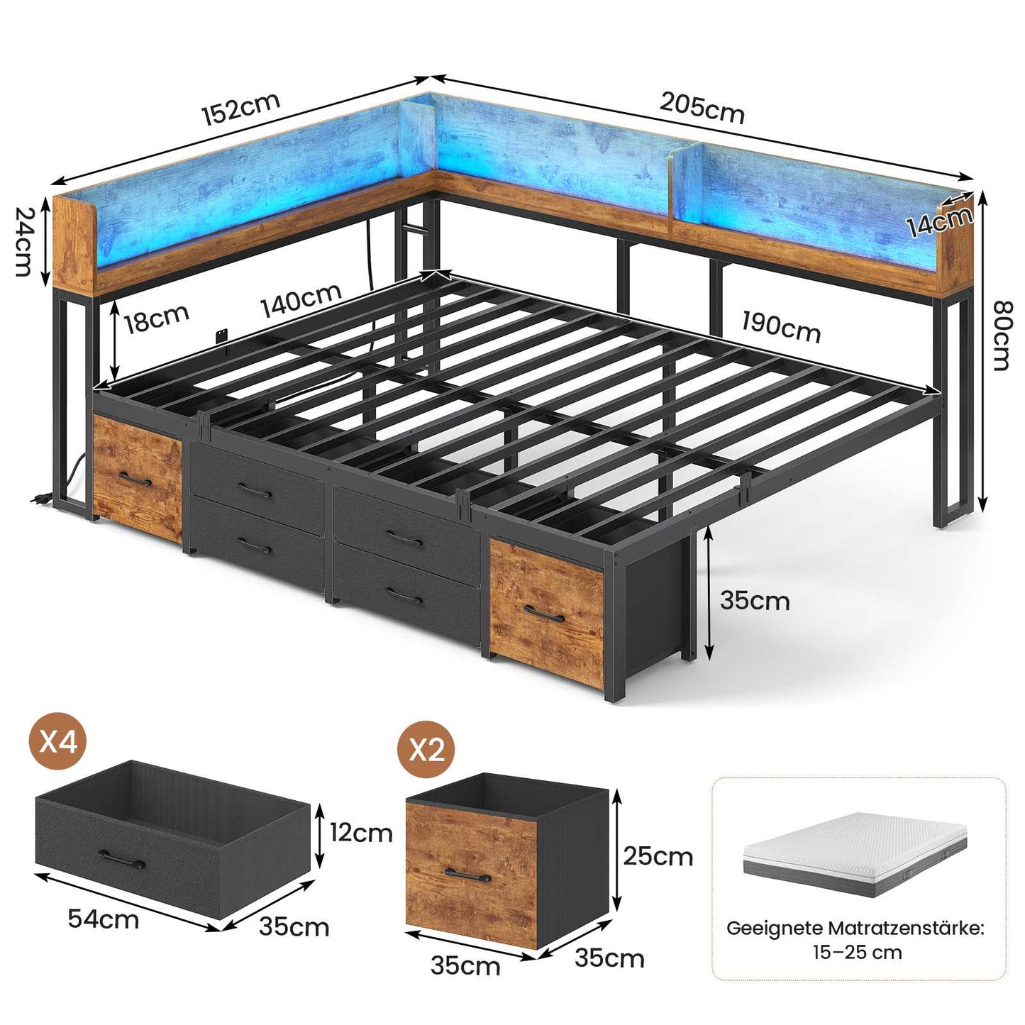AOGLLATI Bett 140x190 mit Stauraum Schlafsofa mit Integriertem Bücherregal & 6 Schubladen Jugendbett mit LED-Beleuchtung & Ladestation