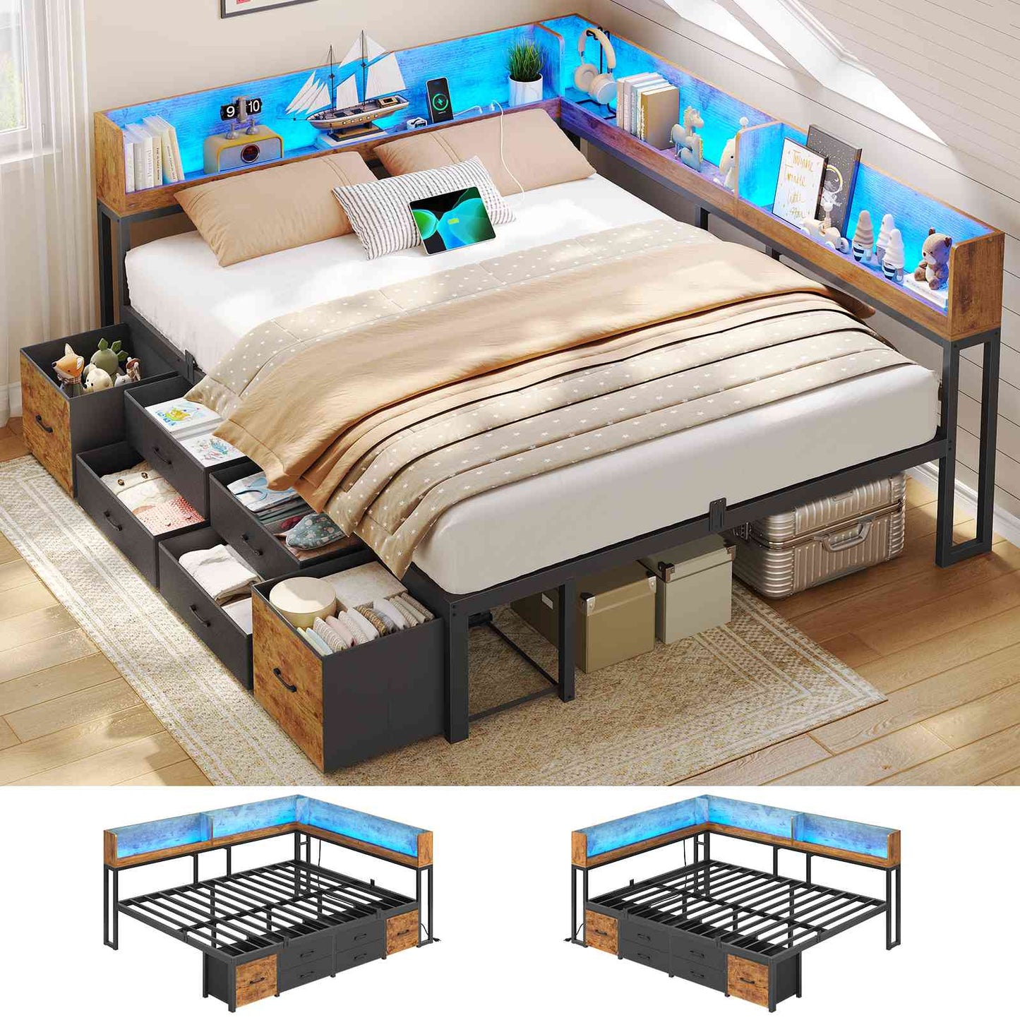 AOGLLATI Bett 140x190 mit Stauraum Schlafsofa mit Integriertem Bücherregal & 6 Schubladen Jugendbett mit LED-Beleuchtung & Ladestation