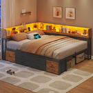 AOGLLATI Bett 140x190 mit Stauraum Schlafsofa mit Integriertem Bücherregal & 6 Schubladen Jugendbett mit LED-Beleuchtung & Ladestation