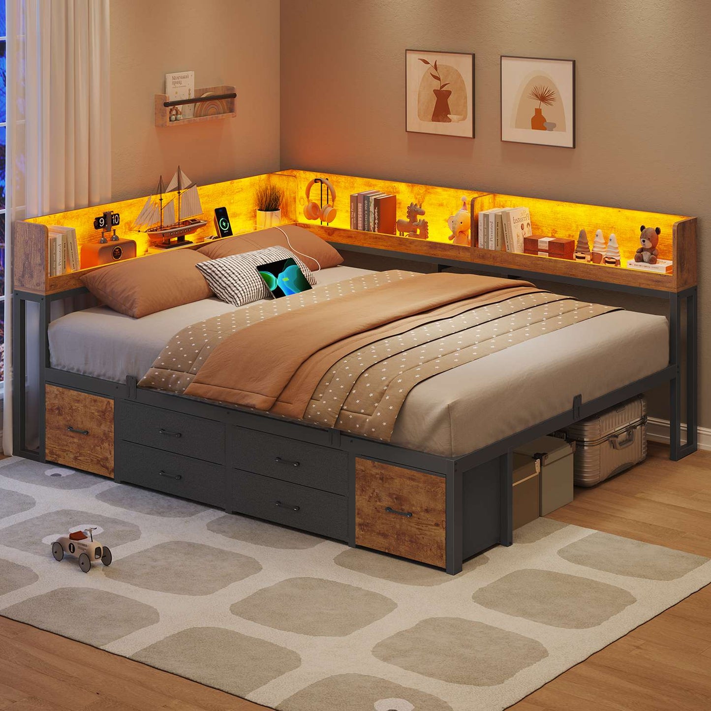 AOGLLATI Bett 140x190 mit Stauraum Schlafsofa mit Integriertem Bücherregal & 6 Schubladen Jugendbett mit LED-Beleuchtung & Ladestation
