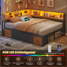 AOGLLATI Bett 140x190 mit Stauraum Schlafsofa mit Integriertem Bücherregal & 6 Schubladen Jugendbett mit LED-Beleuchtung & Ladestation