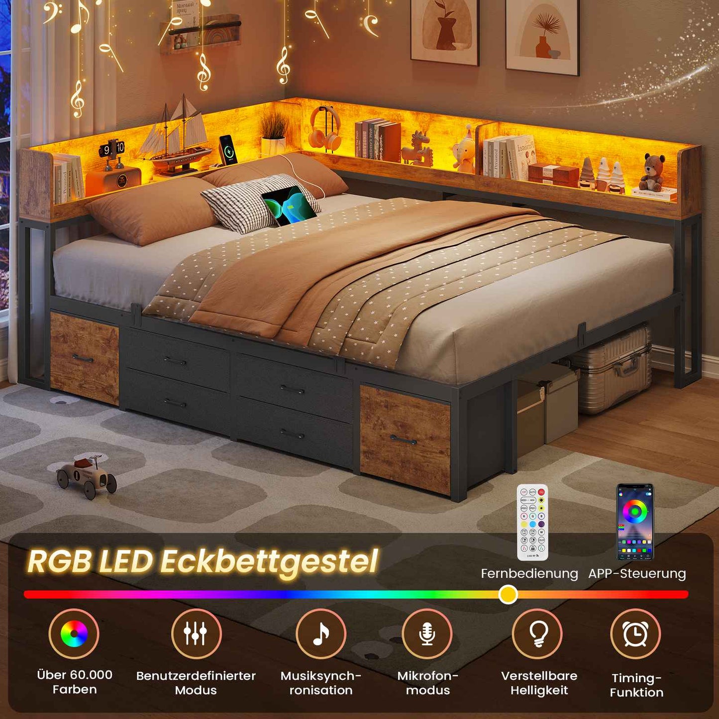AOGLLATI Bett 140x190 mit Stauraum Schlafsofa mit Integriertem Bücherregal & 6 Schubladen Jugendbett mit LED-Beleuchtung & Ladestation