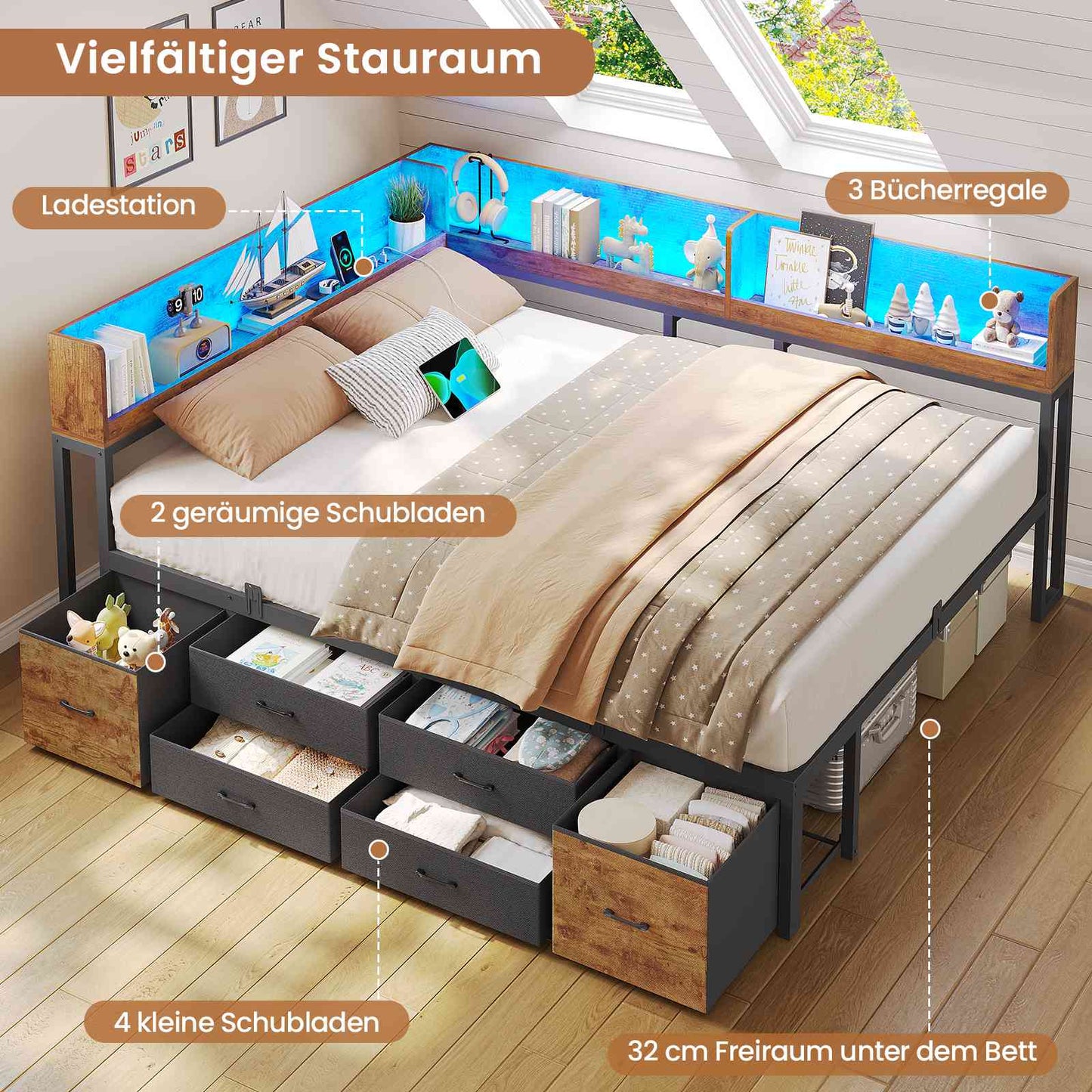 AOGLLATI Bett 140x190 mit Stauraum Schlafsofa mit Integriertem Bücherregal & 6 Schubladen Jugendbett mit LED-Beleuchtung & Ladestation