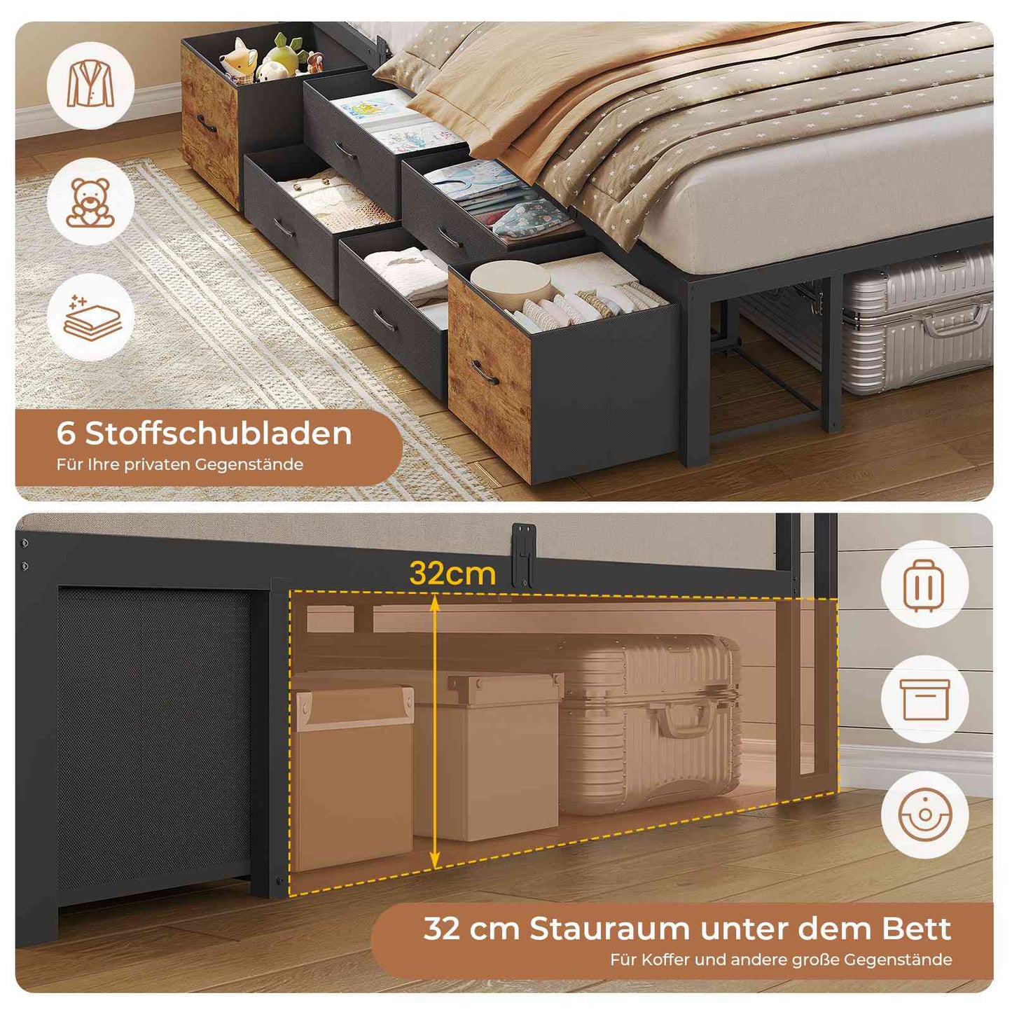 AOGLLATI Bett 140x190 mit Stauraum Schlafsofa mit Integriertem Bücherregal & 6 Schubladen Jugendbett mit LED-Beleuchtung & Ladestation
