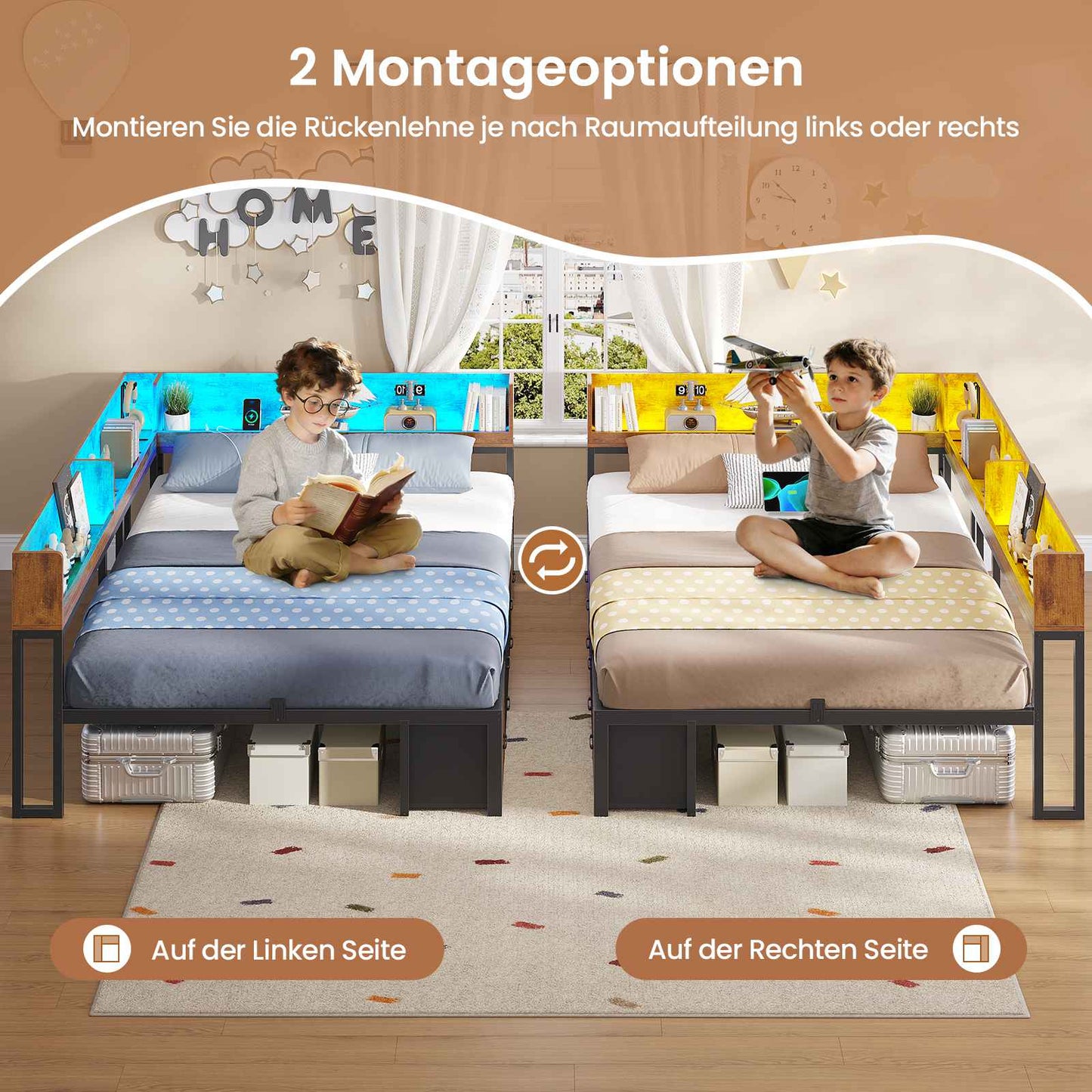 AOGLLATI Bett 140x190 mit Stauraum Schlafsofa mit Integriertem Bücherregal & 6 Schubladen Jugendbett mit LED-Beleuchtung & Ladestation