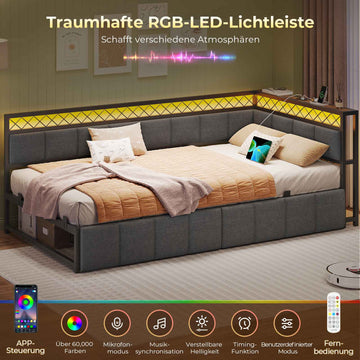 AOGLLATI Polsterbett Schlafsofa 90x190 mit USB-Steckdosen und LED-Beleuchtung Jugendbett mit 2 Schubladen Tagesbett mit Lattenrost