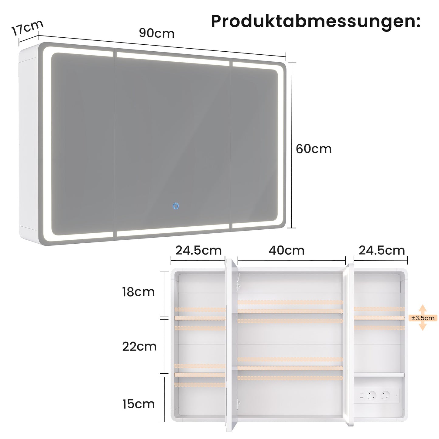 AOGLLATI Spiegelschrank Bad 90 x 60 x 16 mit LED-Beleuchtung Steckdose & 9 Fächer 5 verstellbare Ablagen Badezimmerschrank mit HD Spiegel