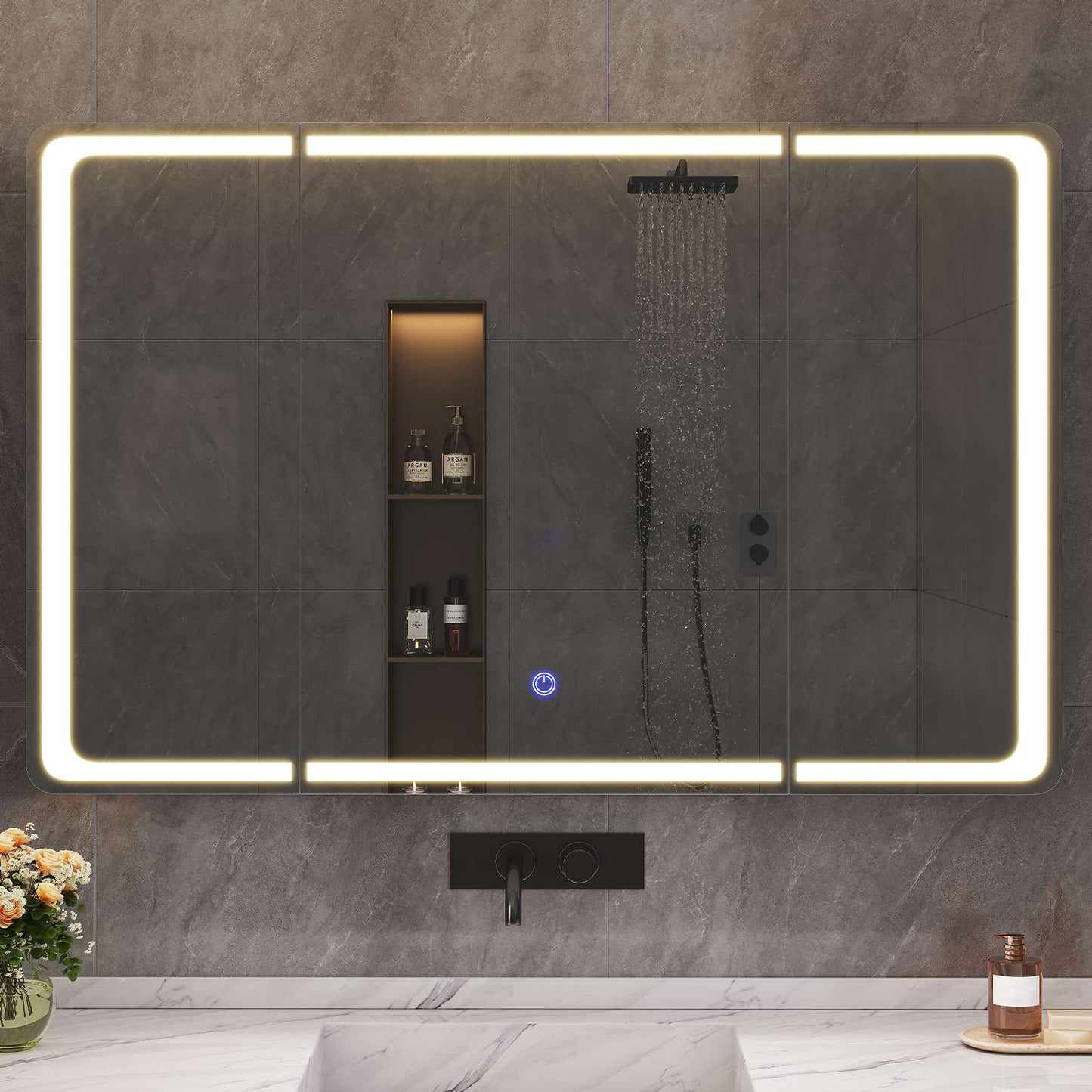 AOGLLATI Spiegelschrank Bad 90 x 60 x 16 mit LED-Beleuchtung Steckdose & 9 Fächer 5 verstellbare Ablagen Badezimmerschrank mit HD Spiegel