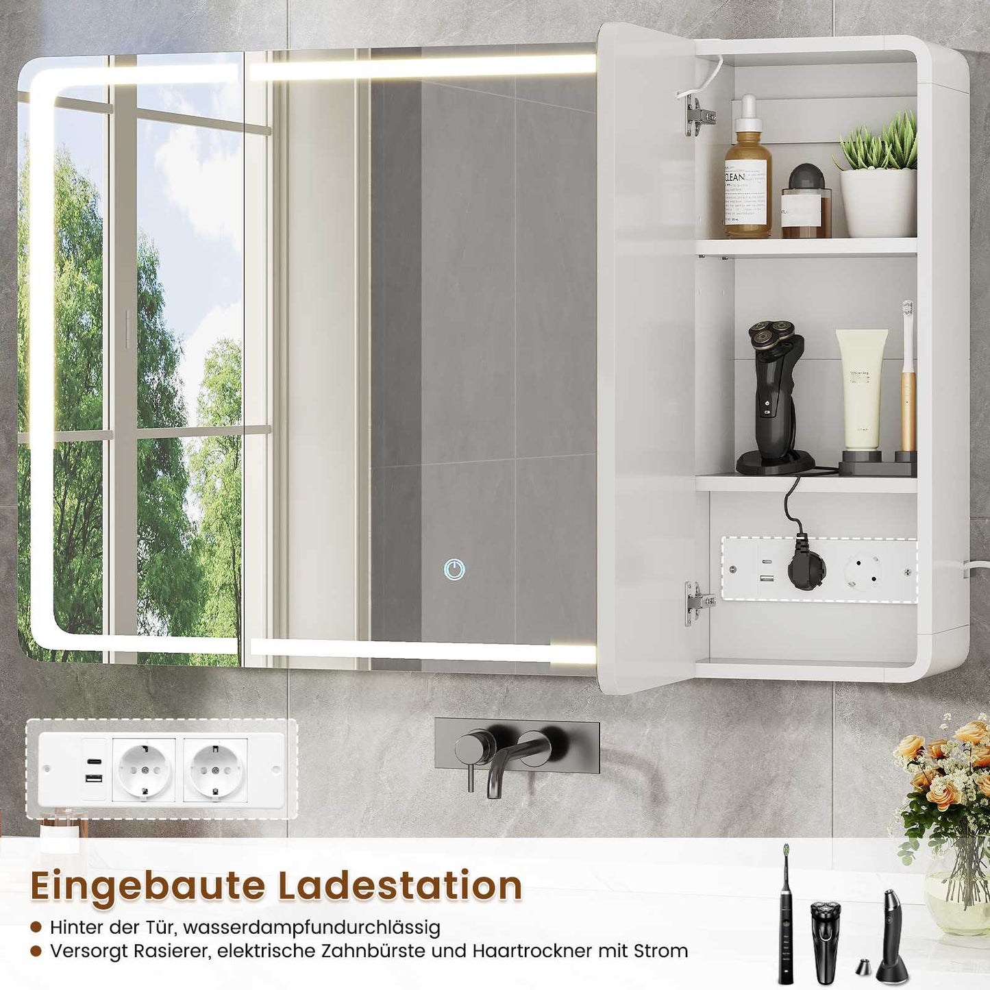 AOGLLATI Spiegelschrank Bad 90 x 60 x 16 mit LED-Beleuchtung Steckdose & 9 Fächer 5 verstellbare Ablagen Badezimmerschrank mit HD Spiegel