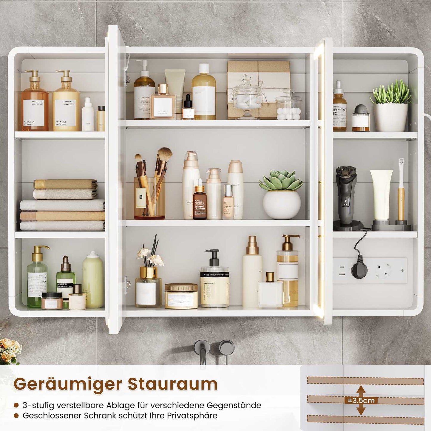 AOGLLATI Spiegelschrank Bad 90 x 60 x 16 mit LED-Beleuchtung Steckdose & 9 Fächer 5 verstellbare Ablagen Badezimmerschrank mit HD Spiegel