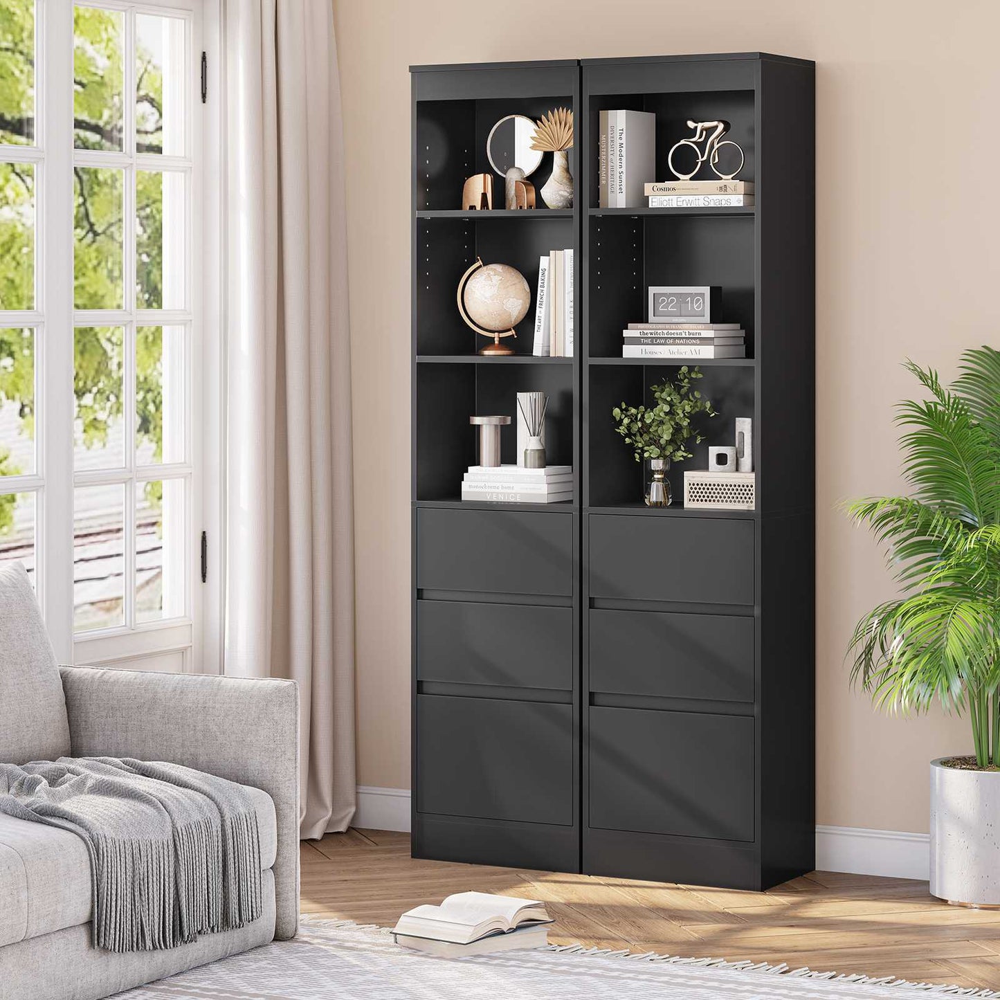 AOGLLATI Bücherregal Bücherschrank mit 3 Schubladen und 3 Fächern Büroregal mit verstellbaren Ablagen 180 cm Hochschrank