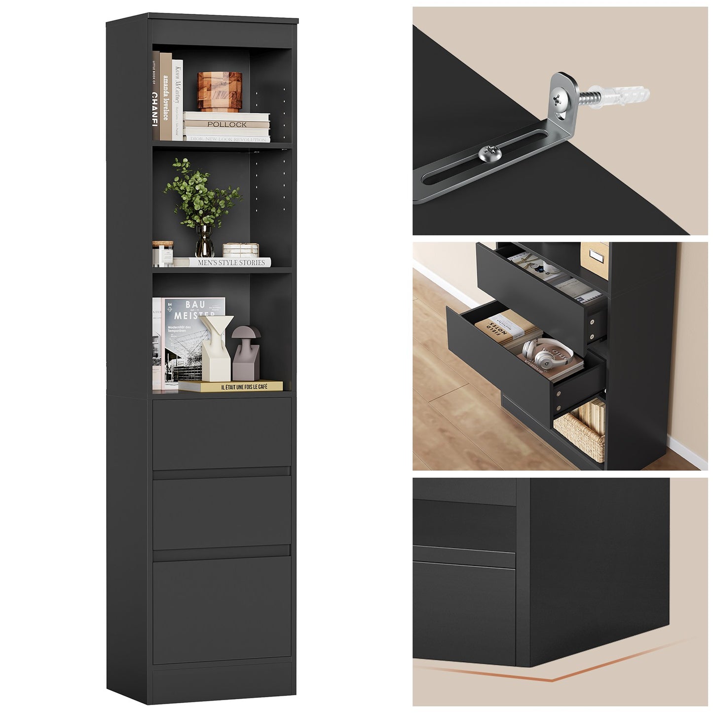AOGLLATI Bücherregal Bücherschrank mit 3 Schubladen und 3 Fächern Büroregal mit verstellbaren Ablagen 180 cm Hochschrank