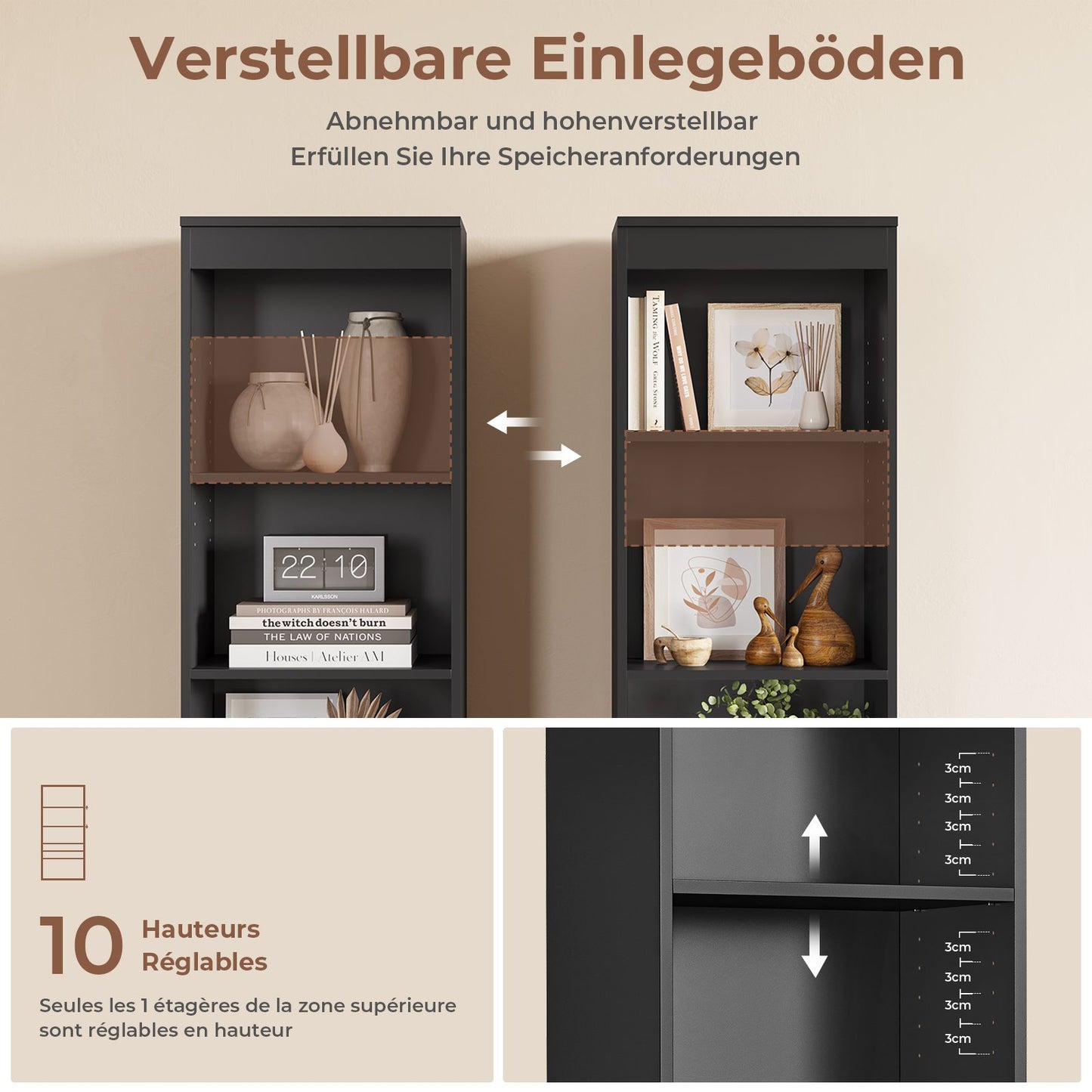 AOGLLATI Bücherregal Bücherschrank mit 3 Schubladen und 3 Fächern Büroregal mit verstellbaren Ablagen 180 cm Hochschrank